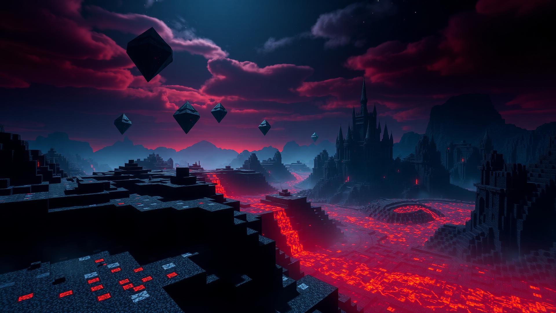 Krajobraz Minecraft z lawą i zamkiem